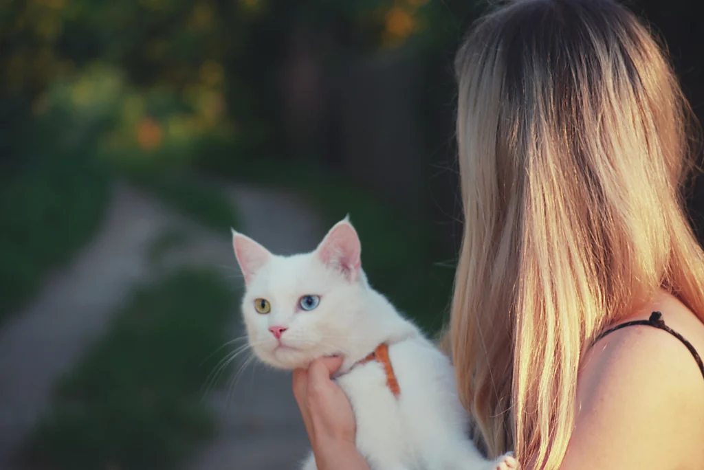 A woman with long blonde hair holds a white cat with heterochromia (one blue eye, one yellow eye) while looking away from the camera in a soft, outdoor setting.